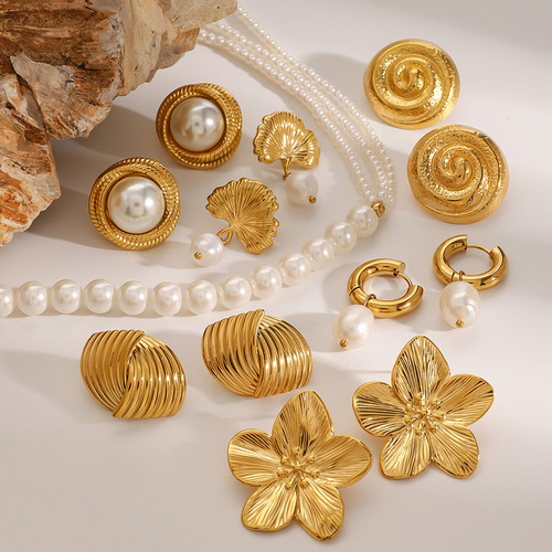 Jiding European & American Style Stainless Steel Pearl Necklace, High-End Exaggerated Flower Earrings, Titanium Steel Accessories