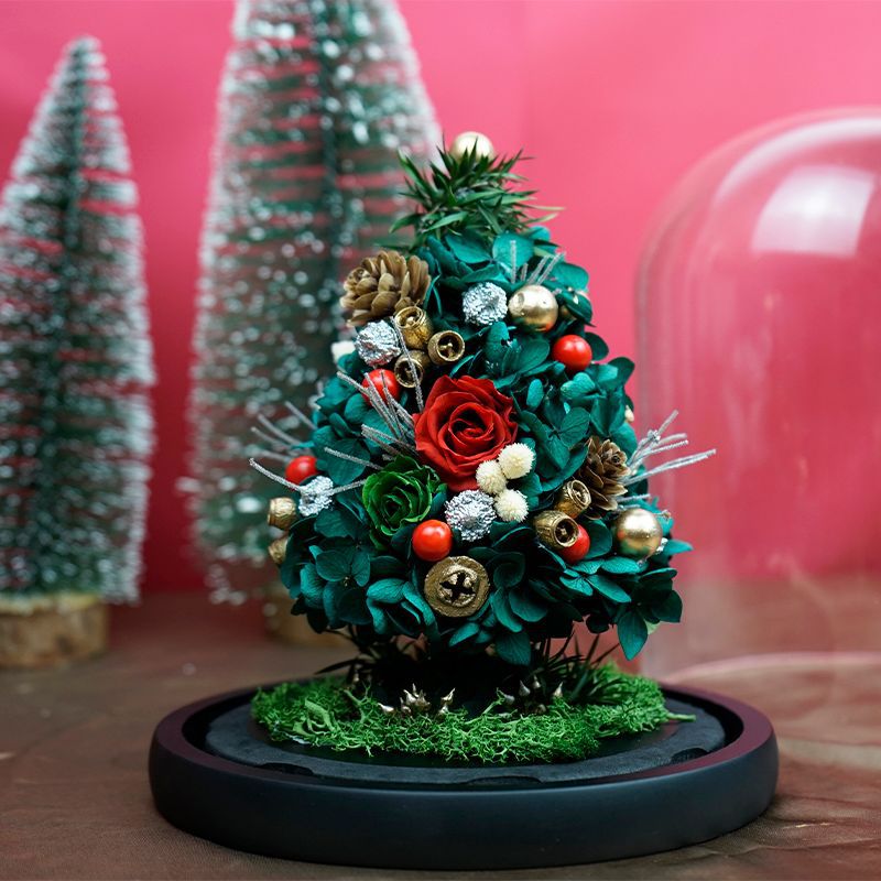 Árbol de Navidad con cubierta de cristal y rosa eterna, producto terminado, regalo de Navidad para novia con un toque de lujo, adorno de flor eterna.