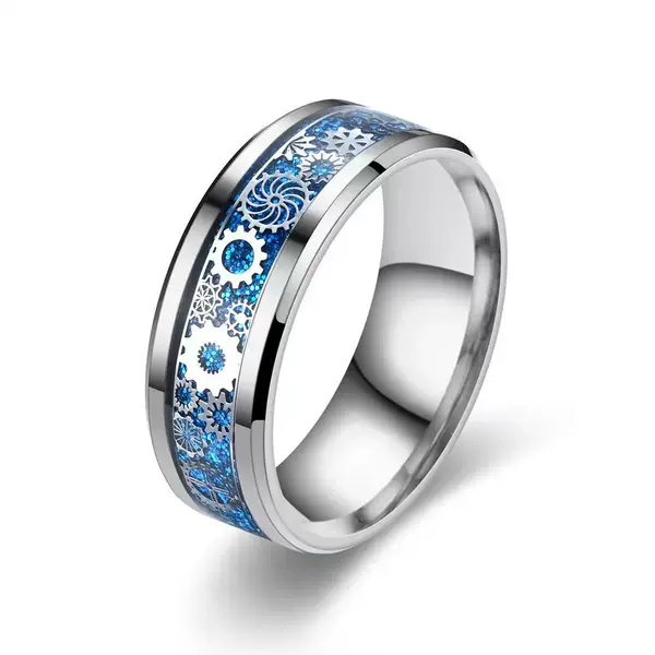 European and American Popular Cross-Border Gear Design Stainless Steel Couple Ring Jewelry Hand Jewelry Wholesale Blue Background Silver Gear