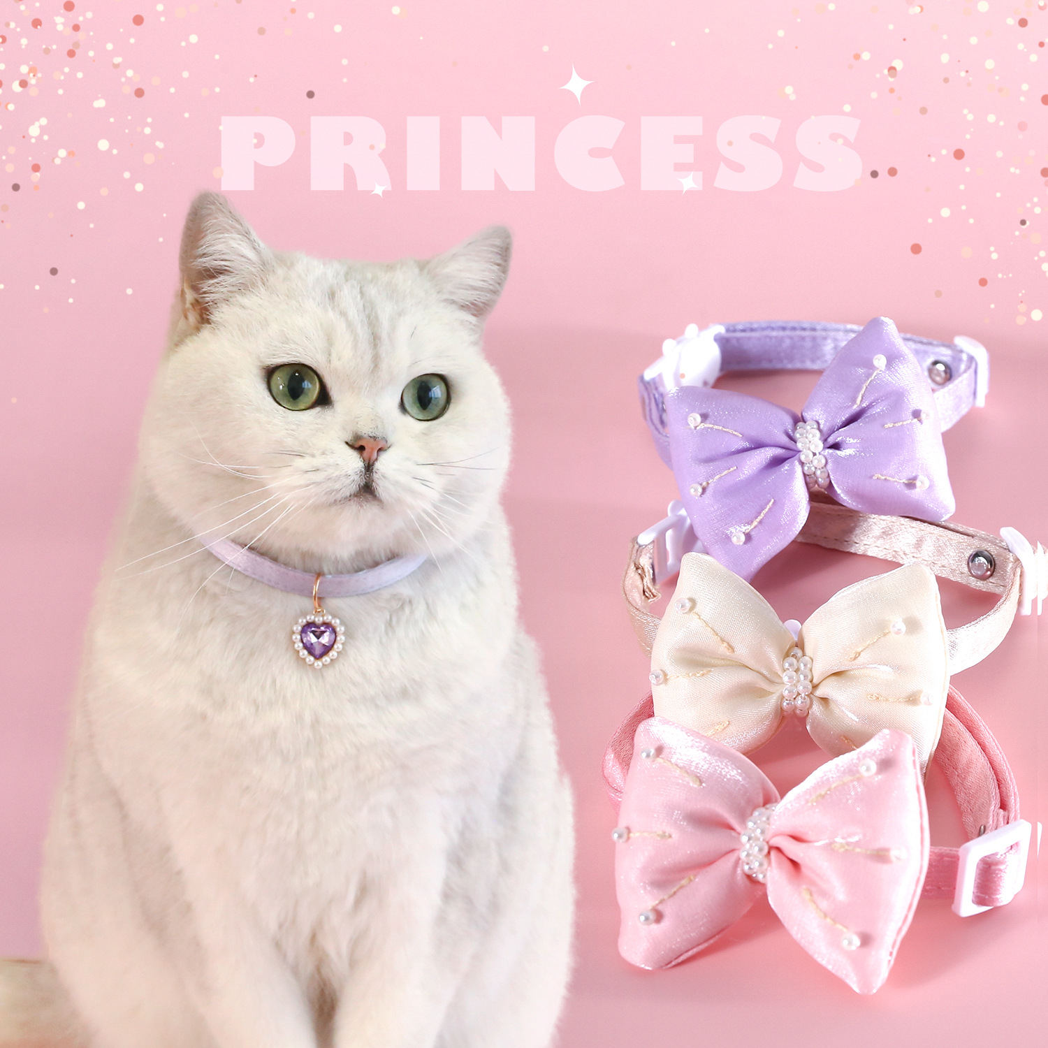 Collar de arco de perla para mascotas gato anti-asfixia doble perla colgante de amor princesa cachorro corbata de cumpleaños