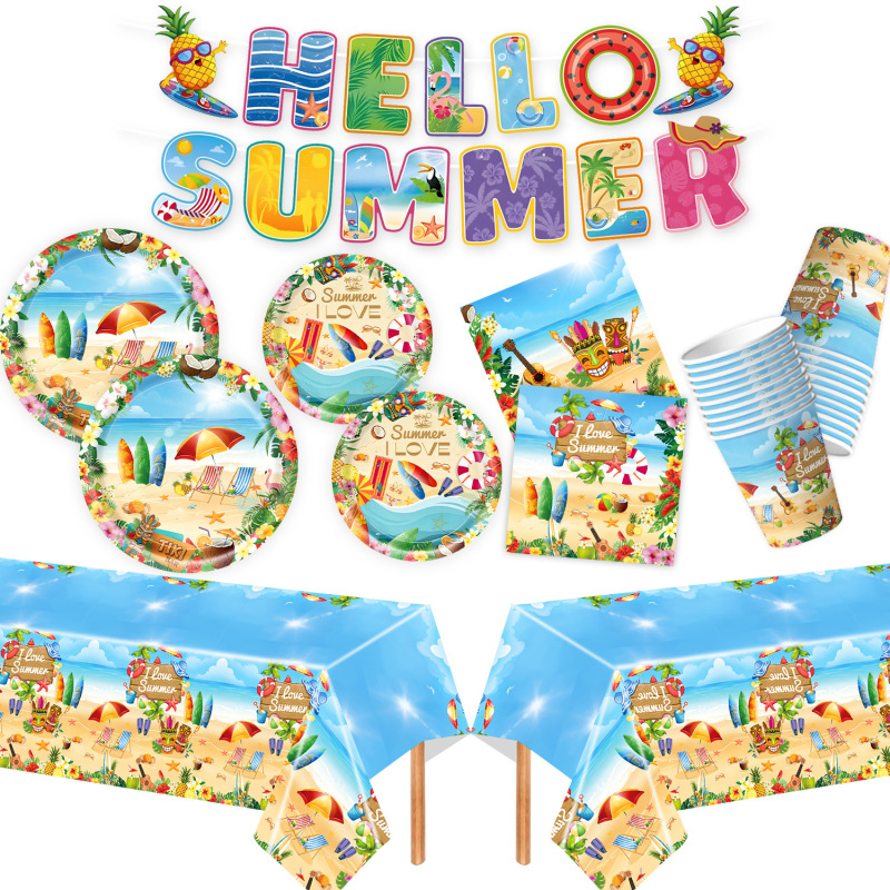 Summer Seaside Hawaiian Theme Party Tableware Paper Cups Paper Plates Paper Towel Set Banner Flag Decoration Supplies Summer Seaside Hawaiian Theme Party Tableware Paper Cups Paper Plates Paper Towel Set Banner Flag Decoration Supplies