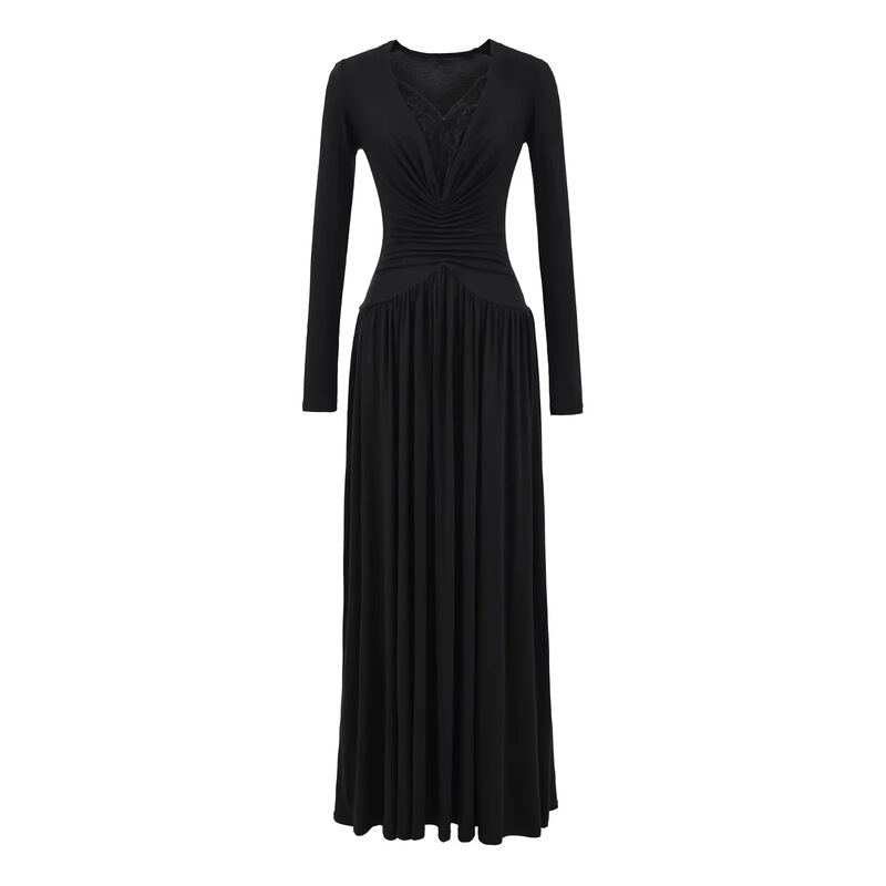 Lace Splicing Pure Lust Style V-Neck Long-Sleeved Dress for Women in Autum Slim Waist Skirt Design Large Hem Long Skirt Lace Splicing Pure Lust Style V-Neck Long-Sleeved Dress for Women in Autum Slim Waist Skirt Design Large Hem Long Skirt