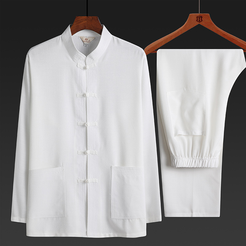 Spring and Autumn Cotton Linen Tang Suit Men's Long-Sleeved Set, Thin Style for Middle-Aged and Elderly Fathers and Grandfathers, Summer Hanfu Cotton Linen Two-Piece Set
