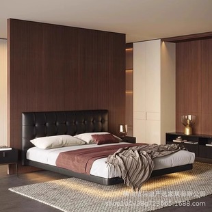 Italian Minimalist Suspended Bed Modern Light Luxury Minimalist Master Bedroom Leather Bed High-End Black Edge Soft Double Leather Bed