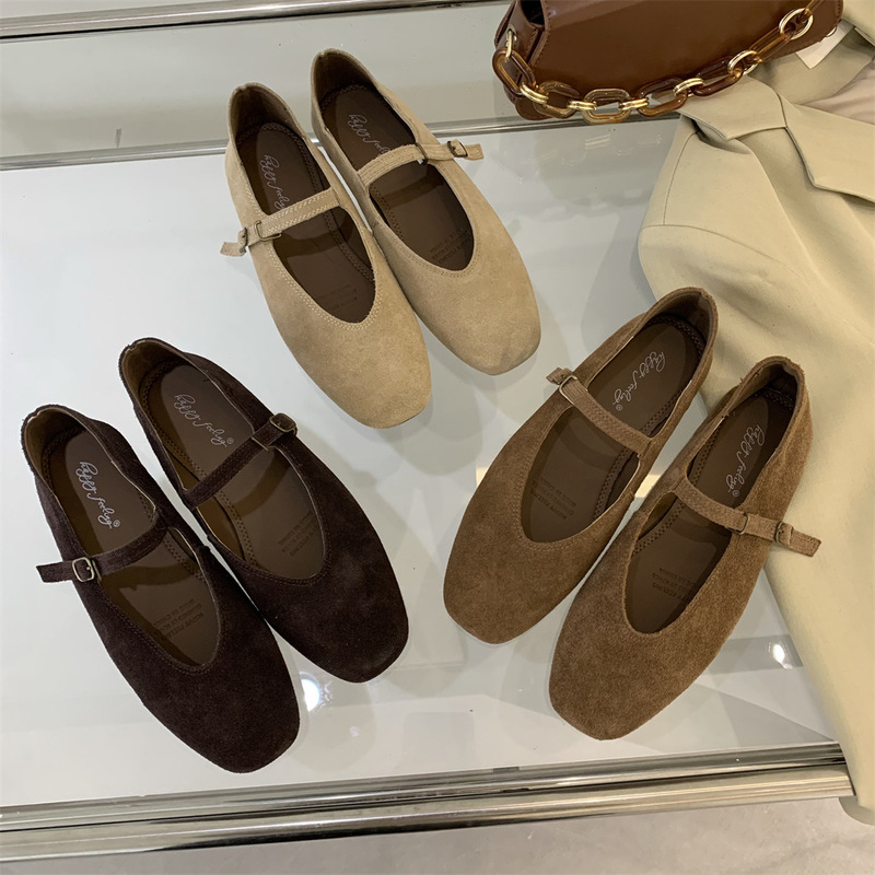 Frosted Leather Mary Jane Flats 2025 Spring and Autumn French Retro Single-Strap Shallow Leather Shoes for Women