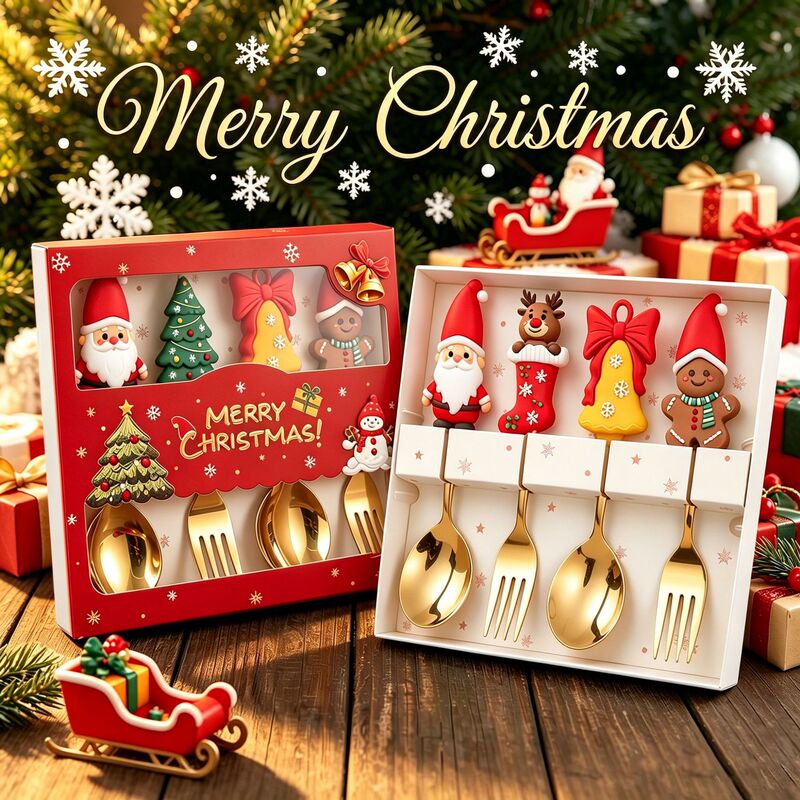 W Cross-Border Christmas Spoon Cute Big Doll Spoon Cartoon Adorable Stainless Steel Spoon and Fork Set Christmas Gift