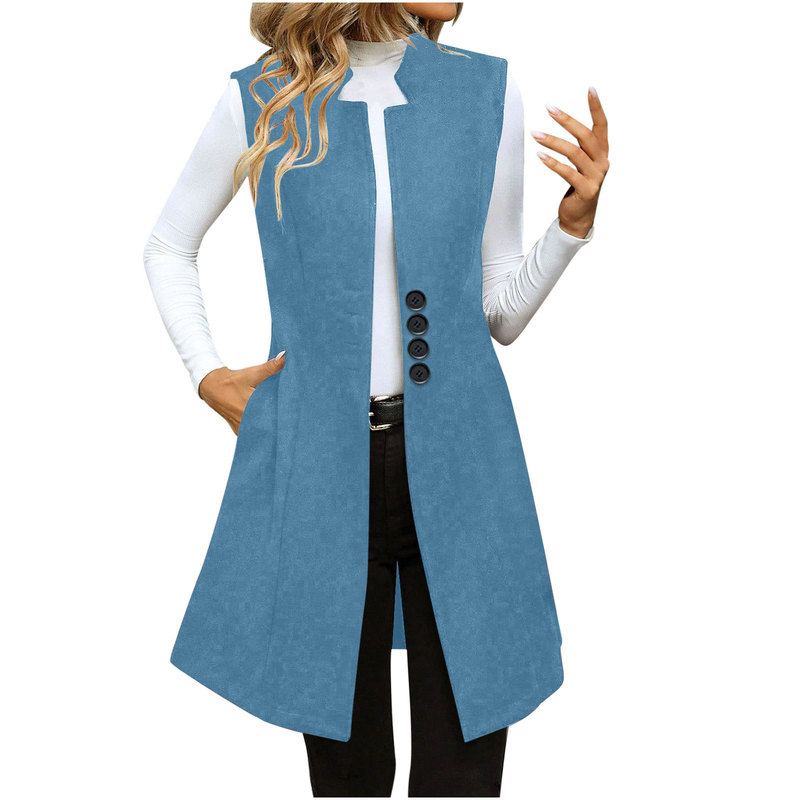 Women's Solid Color Casual Lapel Button Front Woolen Suit Vest, Elegant Sleeveless Jacket