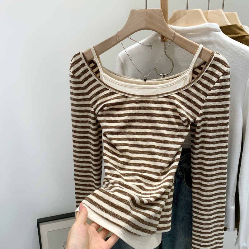 Designed Stripesd Lace Collar Long-Sleeved T-Shirt for Women in Autumn and Winter New Style Elastic Waist Slimming Look Inner Layering Shirt Top