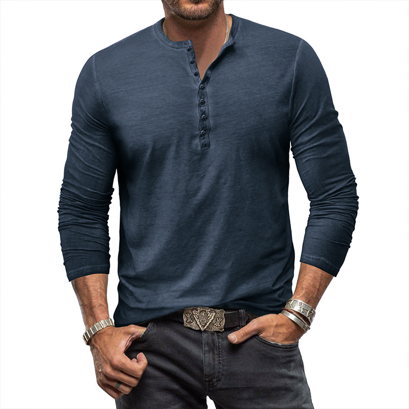 European and American Men's Distressed Henry Shirt Retro Long-sleeved T-shirt Cross-border Men's Button Washed Distressed V-neck T-shirt Top
