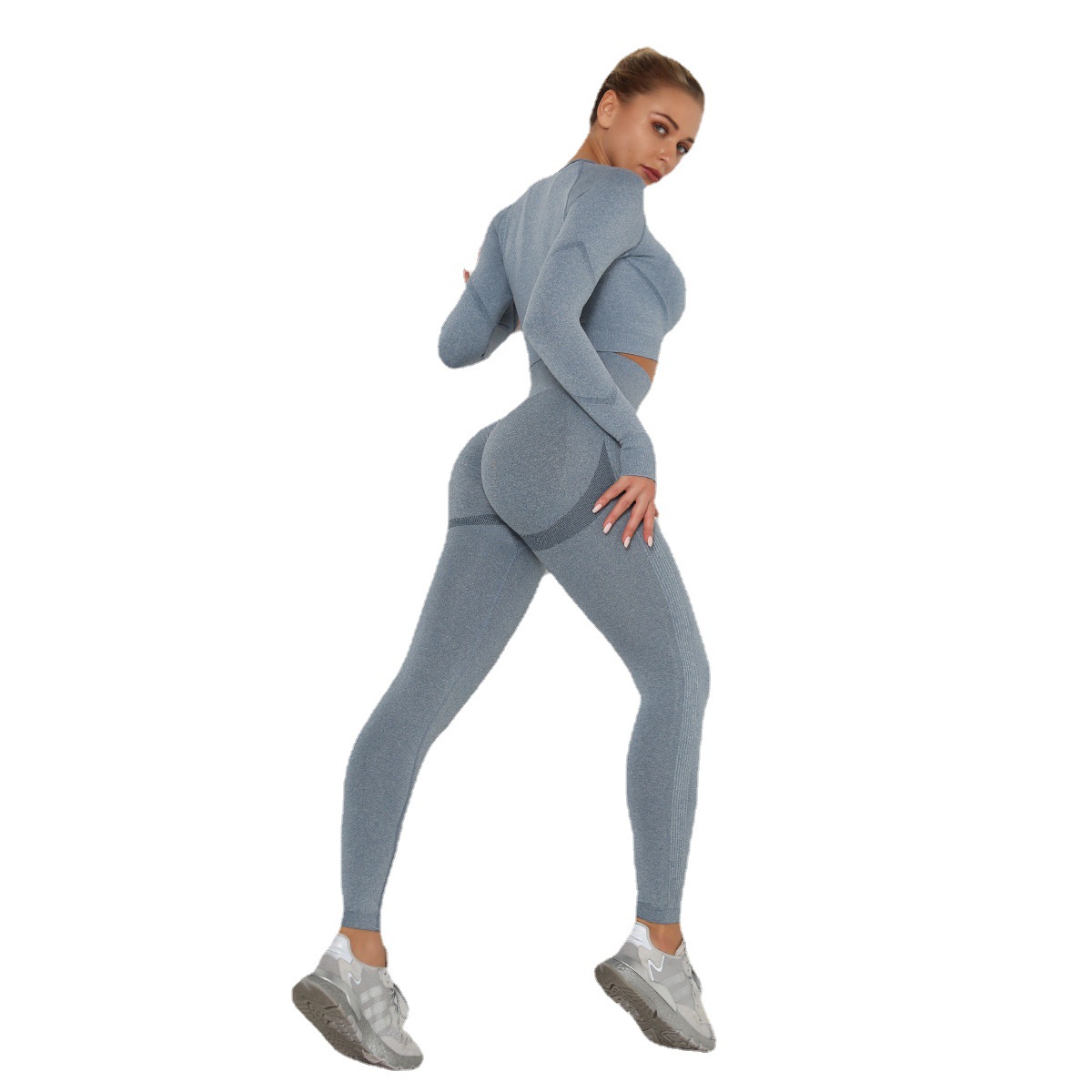 Ropa de yoga sin costuras plisada europea y americana traje de mujer de cintura alta melocotón apretado deportes manga larga fitness yoga pantalones conjunto de dos piezas