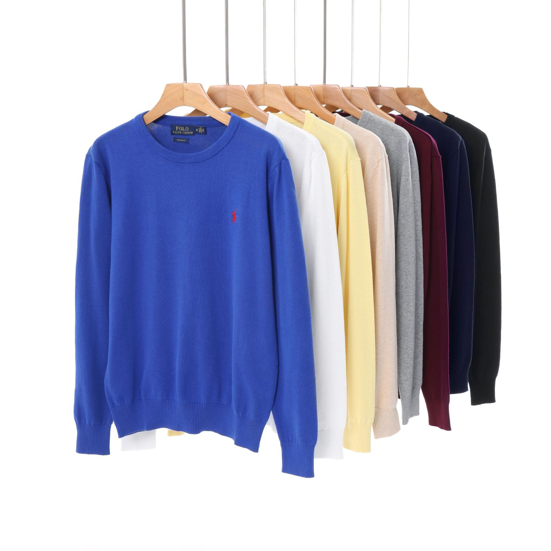 Men's Autumn and Winter Rl Pony Logo Pure Cotton Simple Fashion Solid Color Knit Top for Outerwear and Innerwear