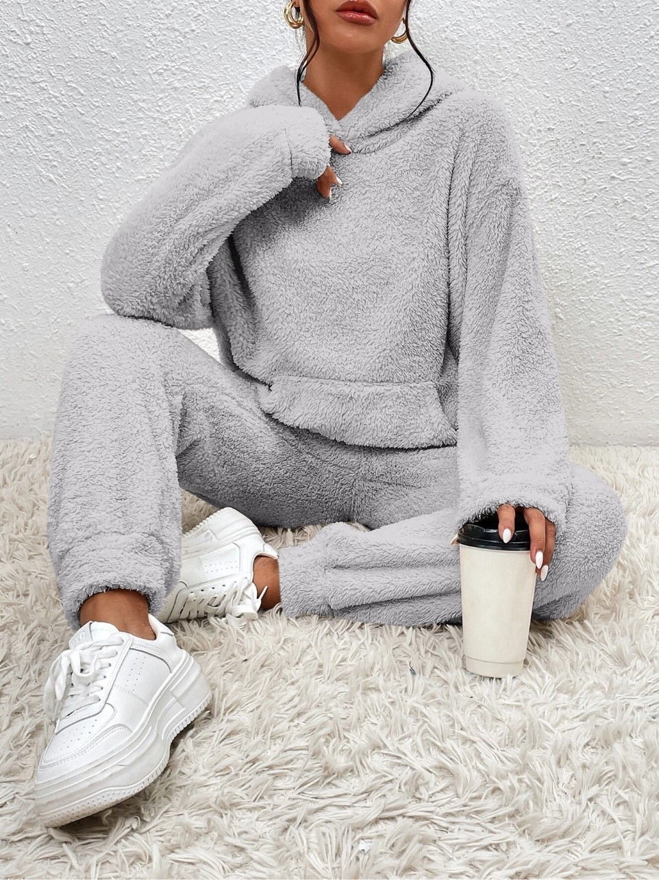 Cross-border Autumn Winter New European And American Casual Women's Clothing, Solid Color Plush Hooded_ecoleips.com