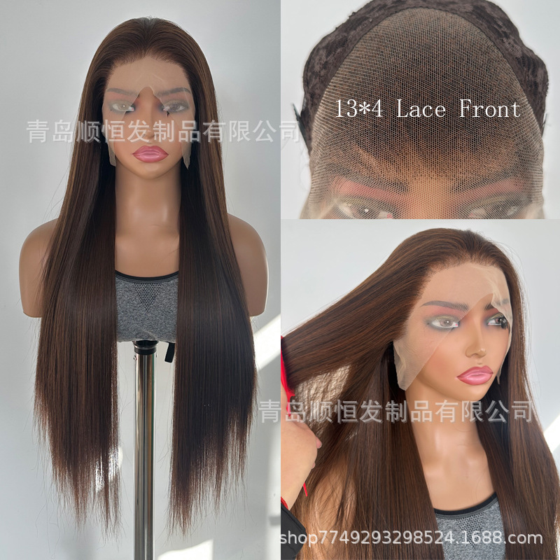 Cross-Border Wig Linen Brown Long Straight Hair European and American Front Lace Hand Hook 13*4 High Temperature Silk Full Headgear Source Wholesale Cross-Border Wig Linen Brown Long Straight Hair European and American Front Lace Hand Hook 13*4 High Temperature Silk Full Headgear Source Wholesale