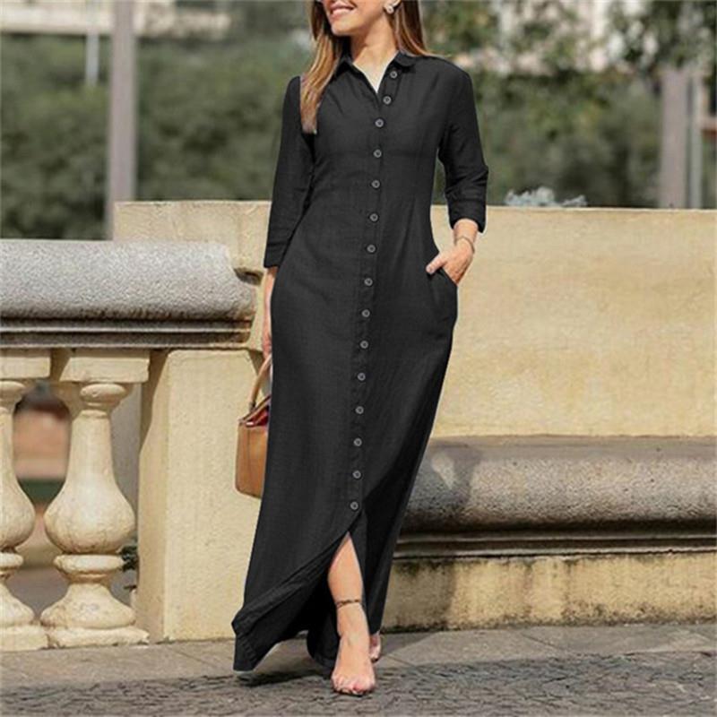 Women's Denim Dress Casual Shirt Collar Pocket Long Sleeve Solid Color Maxi Long Dress Daily display picture 4