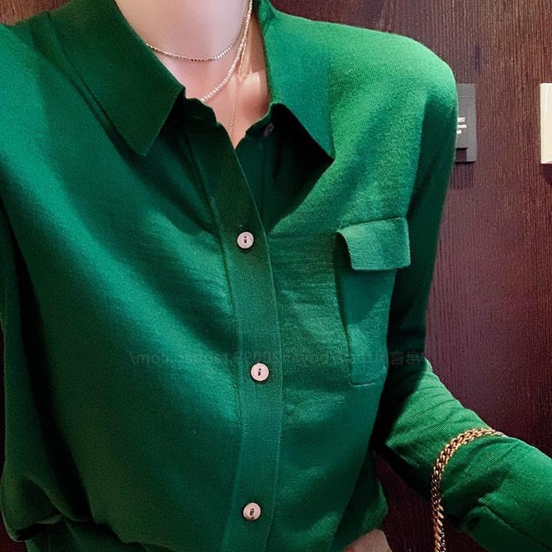 Green Shirt Women's Knitted Cardigan with Pocket Laps Wool Jacket Women's Thin Single-breasted Short Top Green Shirt Women's Knitted Cardigan with Pocket Laps Wool Jacket Women's Thin Single-breasted Short Top
