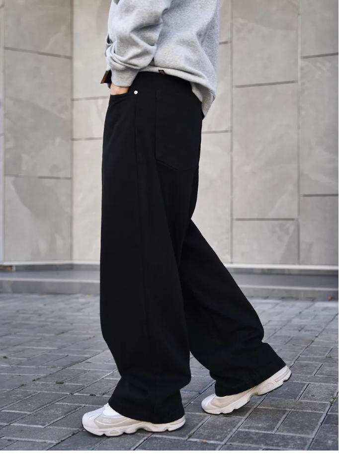 Men's Wide Leg Jeans Straight Leg Trousers Loose Fit Mid Waist Cotton Long Pants Black Light Blue_mkmklike.com