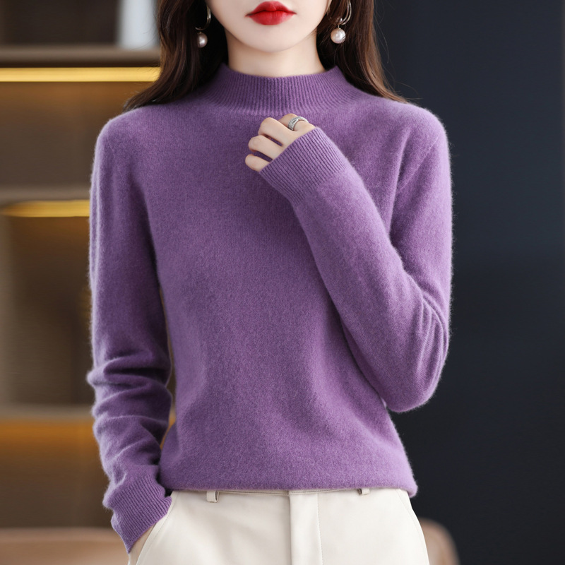 100% Pure Wool Sweater 2026 Spring New Women's Half-Turtleneck Pullover Short Loose Knit Base Sweater