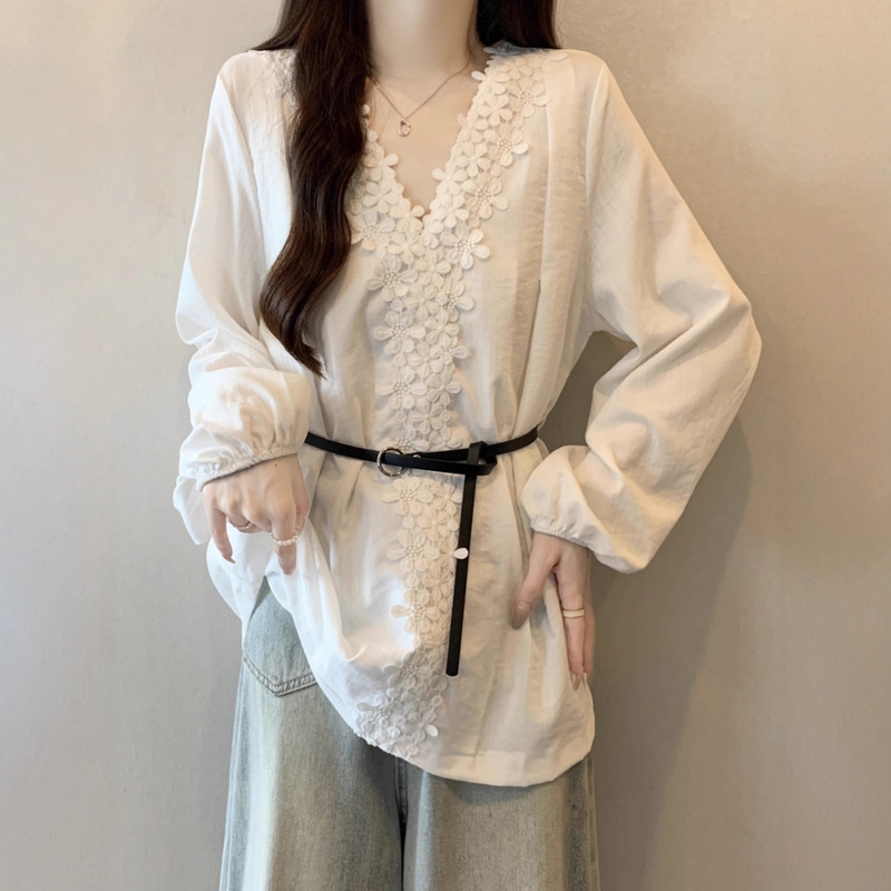 Lace Long-Sleeved V Neck White Shirt for Women Spring & Fall Large Size Fat mm Slim Design Lace-Up Waist Top 1