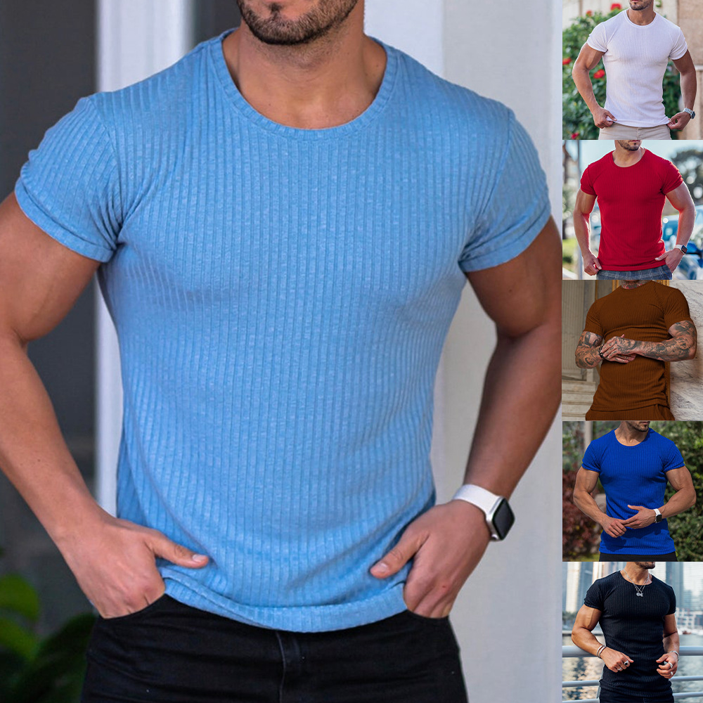 Nuevo comercio exterior transfronterizo de Europa y América nuevo hombre de manga corta de verano deportivo acondicionamiento físico ocio cuello redondo elástico camiseta vertical