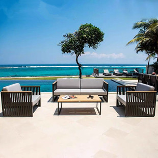 Outdoor Sofa Waterproof and Sunscreen Courtyard Leisure Rattan Furniture Combination Stainless Steel Rope Braided Belt Open-Air House