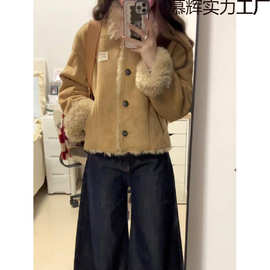 复古加绒加厚麂皮棉衣外套女冬季2025新款小个子翻领保暖短款上衣