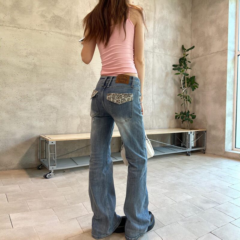 Leopard Print Patchwork Low-Waist Flared Jeans for Women, 2026 Autumn New American Retro Slim Fit Bell-Bottom Pants