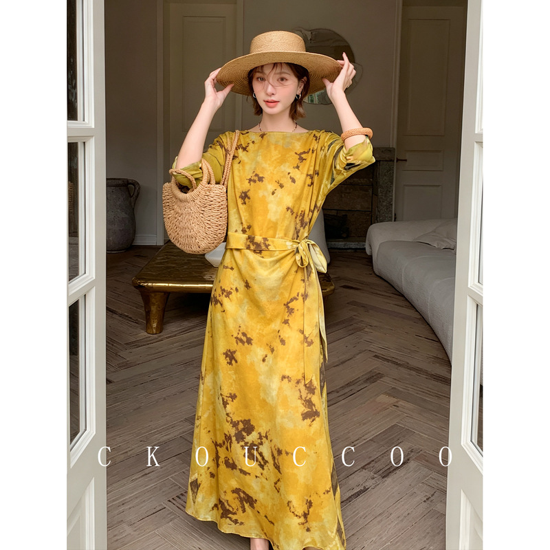 Rongtai Qingguang Lemon Honey Yellow Printed Mulberry Silk Dress for Women, Wrap-around Tie-style, Vivid and Soft Long Dress