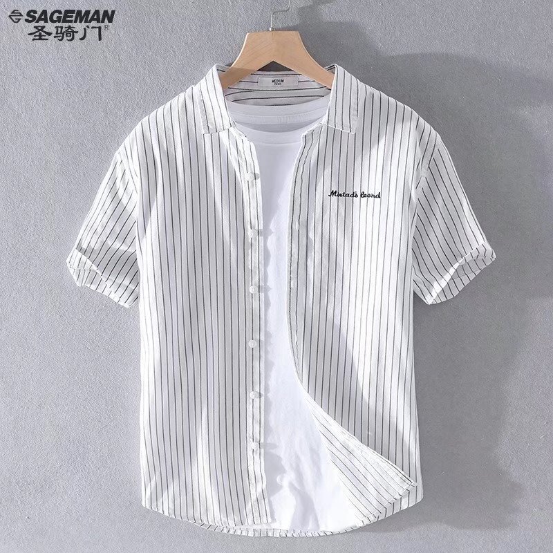 White Men's Short-Sleeve Shirt, Loose Casual Cotton Shirt, Japanese Style, Artistic Fine Stripes, Thin Outerwear for Young People, Trendy