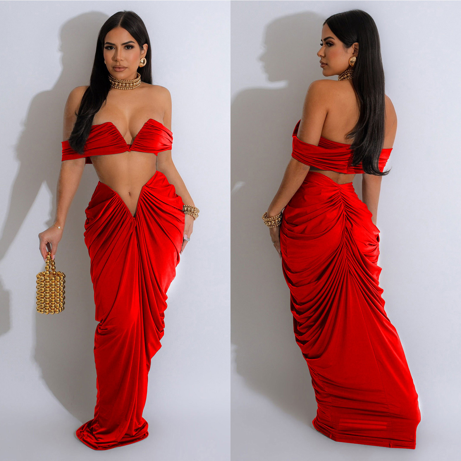 C6822 transfronterizo AliExpress Amazon ropa de mujer de moda europea y americana de color sólido sexy tubo superior Falda plisada conjunto de dos piezas image 5