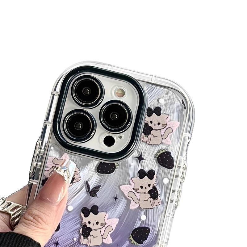 Funda para teléfono móvil iPhone 17 Air, 16 Pro, Huawei, diseño de niña linda, 15, con estampado de plumas, lunares y gato.