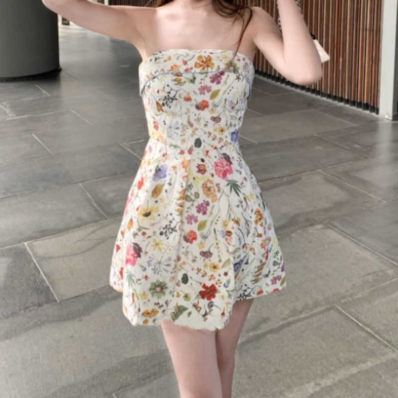 Wuuu [セナフラワーハウス] 明るいフレンチプリントの質感のある花柄ドレス、女性用チューブトップスカート|undefined
