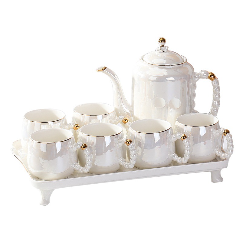 Light Luxury Pearl White Cold Water Kettle, High-End Water Set, Black Coffee Cup and Pot Set, High-End Household Tea Set as a Gift