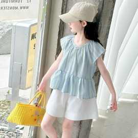 女童套装夏季2026新款儿童条纹短袖娃娃衫白色短裤韩版上衣两件套