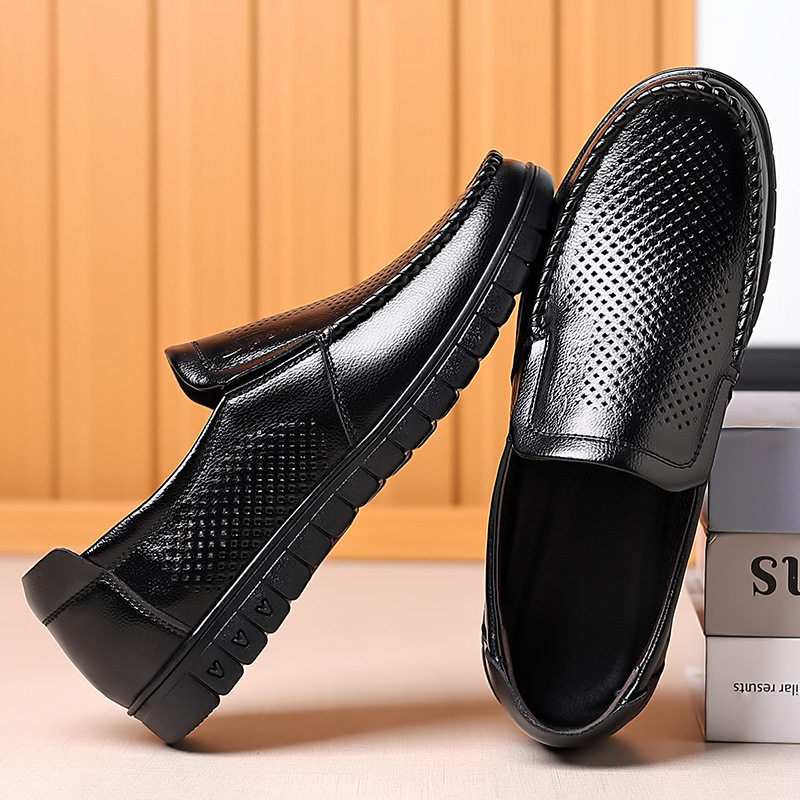 Dép sandal nam da bò thật thoáng khí lỗ rỗng, đế cao 1-3 cm, kiểu mùa hè — nâu, đen