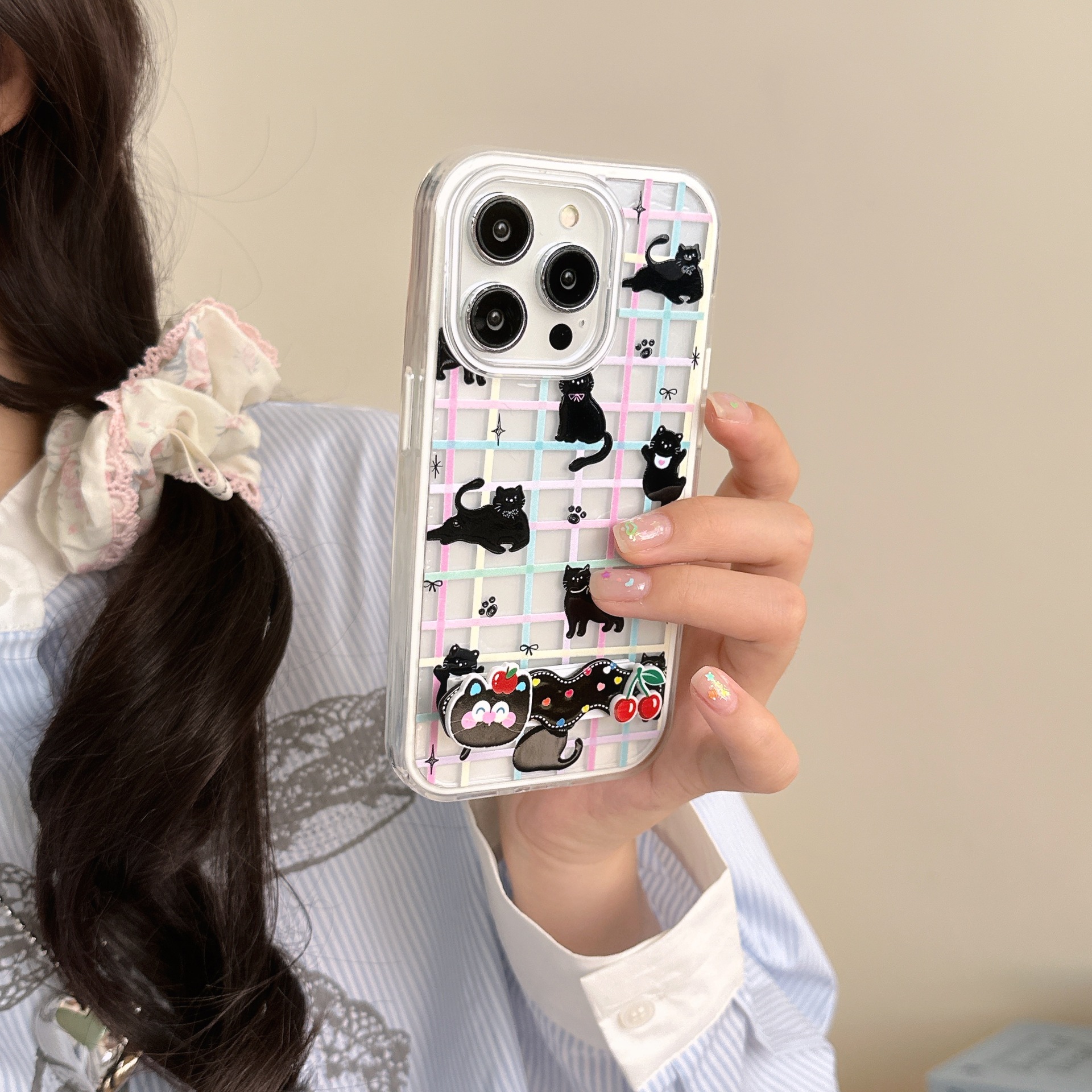 Gato negro a cuadros de color de dibujos animados coreanos para Apple 16ProMax funda para teléfono móvil 15Pro pareja 14/13 nuevo 16