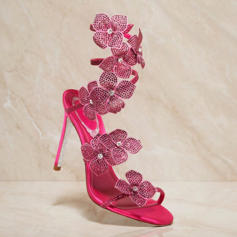 Rc Sandals with Rhinestone Flowers, Ankle Wrap, Round Toe, Thin High Heels, Large Size, Runway Style, Silver Sole, Single Strap Sandals