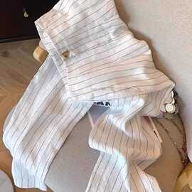 黑白竖条纹阔腿长裤女春秋新款高腰垂感休闲裤子直筒宽松慵懒风