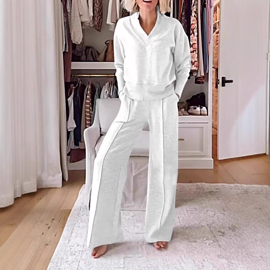 2026 Autumn and Winter Amazon Cross-Border European and American New Style V-Neck Long-Sleeved Loose Solid Color Women's Fashion Casual Pants Suit