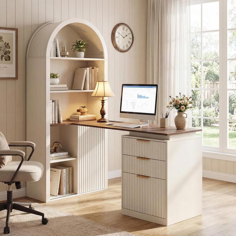61inch L-Shaped Desk with Arched Bookshelf Groove, Corner Computer Desk with 3 Drawers, Sliding Doors, and Built-In Charging Station