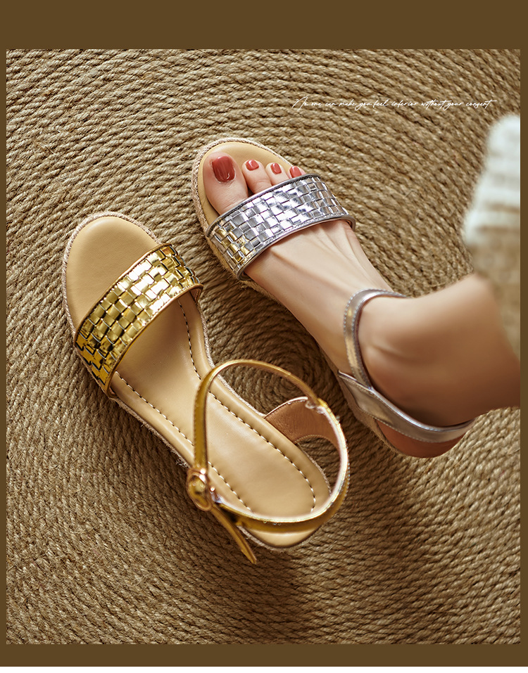 Sandal cao gót nữ quai ngang đan bện màu vàng bạc, đế xuồng đan rơm, gót 9 cm — màu vàng, bạc chi tiết 1