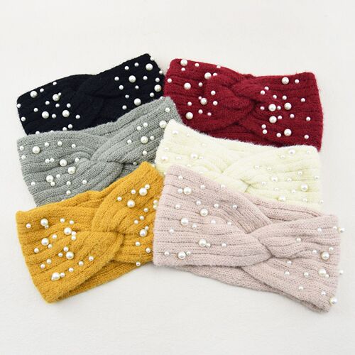 European and American Intersecting Pearl Headband Knitted Warm Wool Headband Autumn and Winter Hair Tie Double Knit Hair Accessory