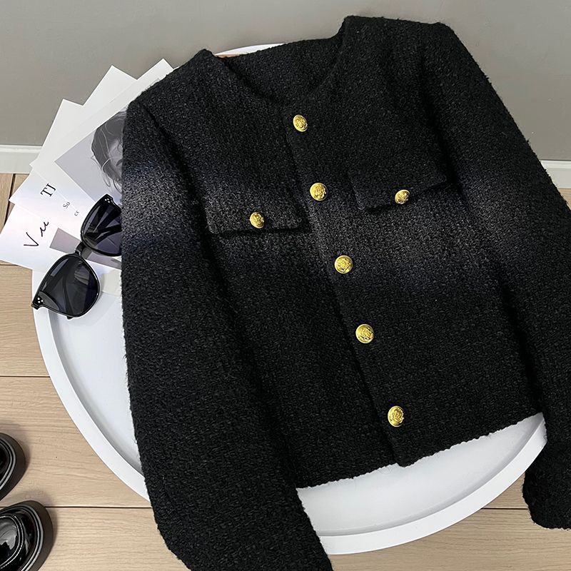 2025 New French Tweed Jacket with Velvet Lining, Black High-End Round Neck, Chanel-Style Short Coat for Petite Figures