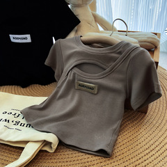 女童夏裝短袖中小童洋氣修身上衣2023新款時髦鏤空短款女夏季0187