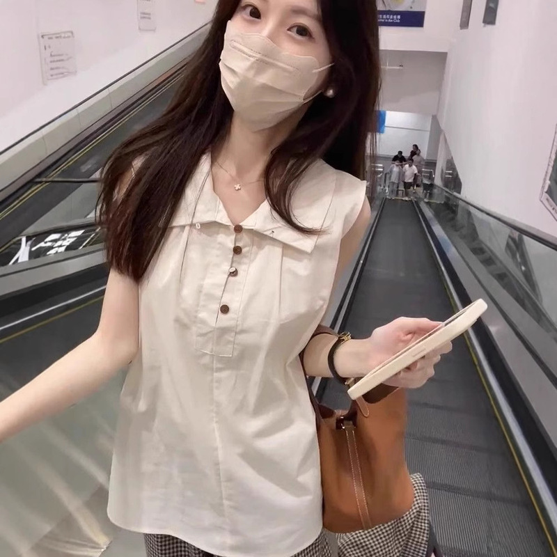 Korean Style Retro Polo Collar Sleeveless Vest Shirt Women's Summer Western Style Chic Small Shirt Loose Slimming Elegant Top Korean Style Retro Polo Collar Sleeveless Vest Shirt Women's Summer Western Style Chic Small Shirt Loose Slimming Elegant Top