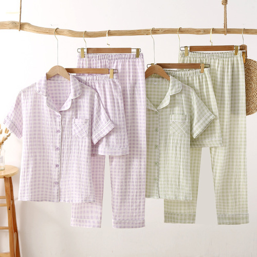 Women's summer gauze three-piece pajamas, simple Japanese plaid spring and autumn pure cotton double-layer gauze home pants, cotton trousers