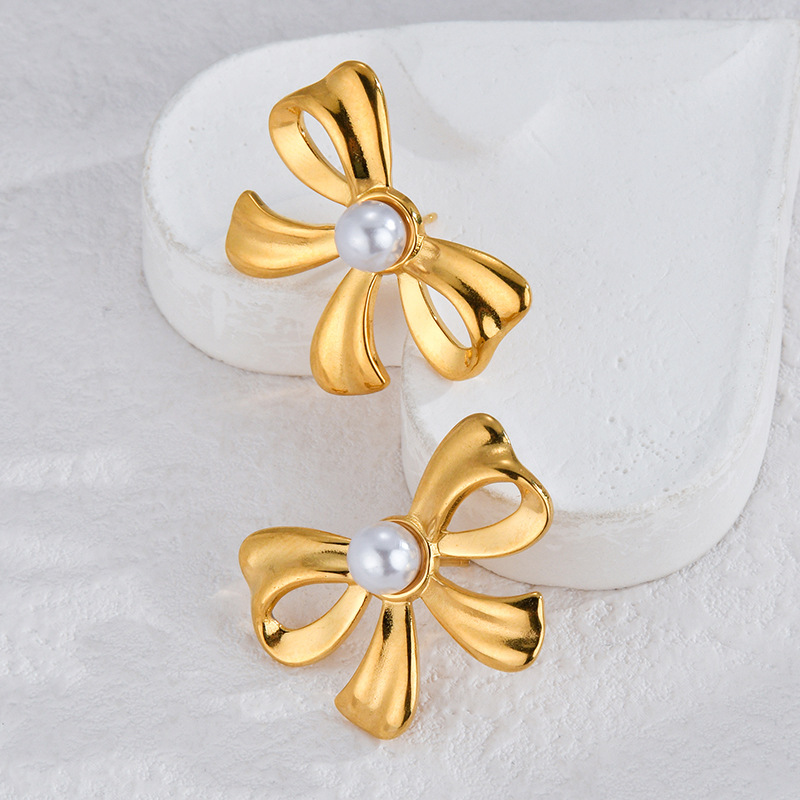 Artificial Pearls Inlay Material Wholesale Jewelry IG Style Flower Bow Knot 304 Stainless Steel Pearl Inlay Rings Earrings