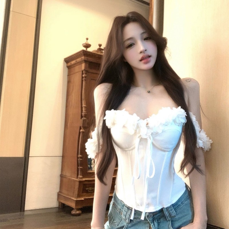 纯欲风辣妹蕾丝花边无袖背心女夏季新款修身显瘦白色抹胸鱼骨上衣|undefined