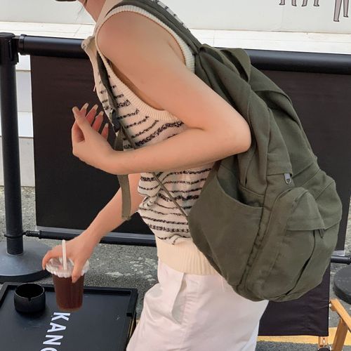 School bag female ins Hong Kong style retro old college student backpack female European and American fashion washed canvas backpack