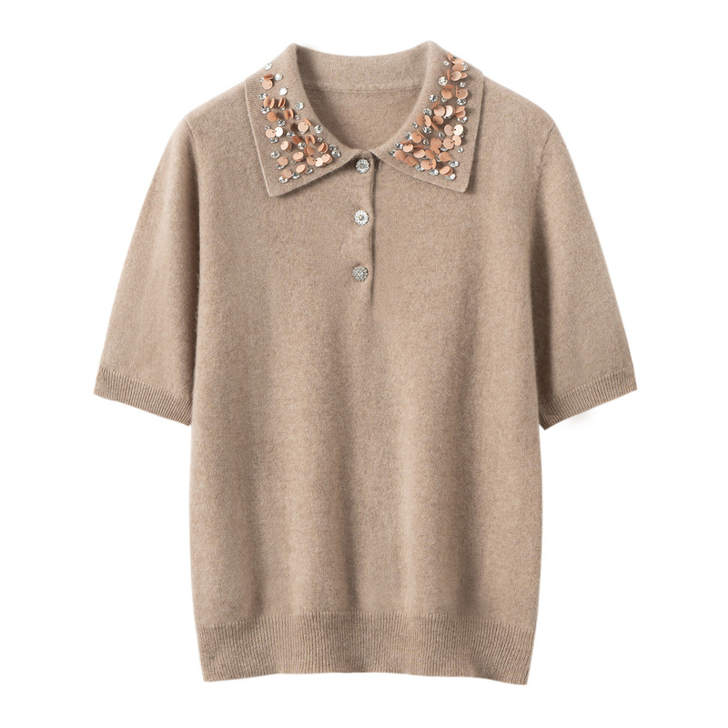 New autumn and winter collection: women's loose-fitting, slimming, and versatile short-sleeved polo-neck cashmere knit top with sequin embellishments New autumn and winter collection: women's loose-fitting, slimming, and versatile short-sleeved polo-neck cashmere knit top with sequin embellishments