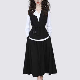 感名媛职业套装2022年秋季新款黑白撞色洋气半身裙三件套